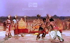 Sugreev attacks on Ravana when he saw him first time on the roof of Lanka